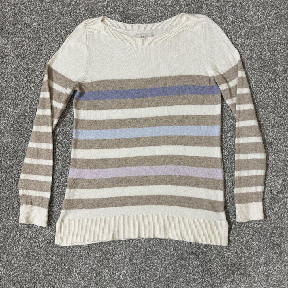 LOFT Sweater Womens Large Pastel Striped Crewneck Long Sleeve Pullover Knit